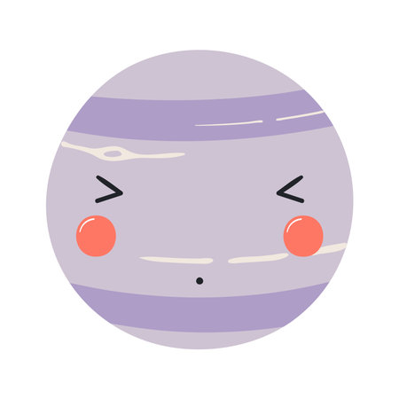 Planet Neptune with kawaii face funny cute cartoon character illustration. Hand drawn Scandinavian style flat design, isolated vector. Kids print element, astronomy, astrology, celestial body, spaceのイラスト素材
