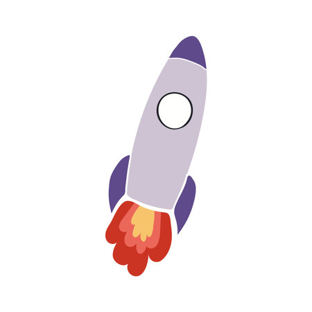 Flying rocket, spaceship hand drawn cartoon illustration. Flat style design, isolated vector. Kids print element, space travel, technology, adventure, transport, science fiction, cosmos universeのイラスト素材