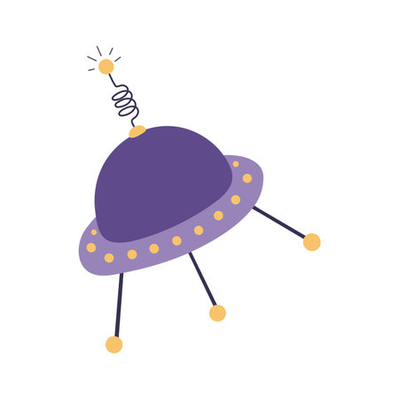 UFO, flying saucer hand drawn cartoon illustration. Flat style design, isolated vector. Kids print element, space travel, technology, adventure, transport, science fiction, cosmos universeのイラスト素材