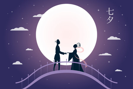 Qixi Festival weaver girl, cowherd on magpie bridge, full moon, stars, Chinese text Qixi Festival. Hand drawn vector illustration. Asian style design. Traditional holiday banner, background conceptのイラスト素材