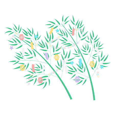 Tanabata Festival bamboo trees with traditional tanzaku, paper decorations illustration. Hand drawn flat style vector, isolated. Traditional Japanese holiday design element, Japan summer eventのイラスト素材