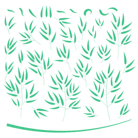 Bamboo tree leaves, branches, trunk, isolated design elements collection, set. Flat style vector illustration. Plant, foliage, botanical clipart, Asian flora, Tanabata, Chinese, Japanese gardenのイラスト素材