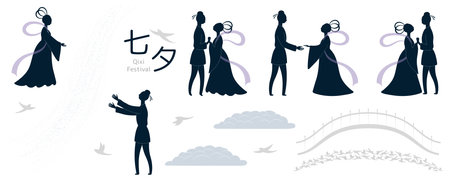 Qixi Festival collection weaver girl, cowherd, magpie bridge, clouds, stars, Milky Way, Chinese text Qixi, Tanabata. Flat style vector illustration, isolated. Traditional holiday design elementsのイラスト素材