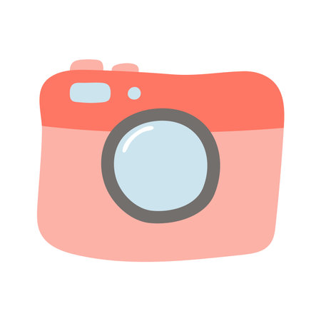 Photo camera hand drawn illustration. Cartoon style flat design, isolated vector. Summer print, seasonal element, holidays, vacations, beach, sightseeing, taking picturesのイラスト素材