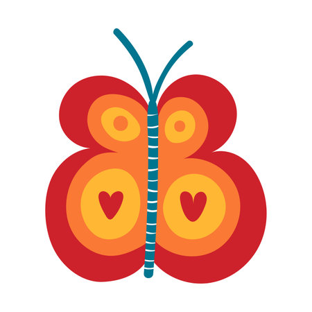 Cute butterfly with hearts, round shapes pattern hand drawn illustration. Scandinavian style flat design, isolated vector. Tropical insect, nature, kids print elementのイラスト素材