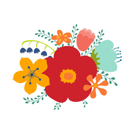 Tropical flowers bouquet hand drawn illustration. Flat cartoon style design, isolated vector. Exotic blossoms, blooms, rainforest plant, jungle flora, botanical, floral elements compositionのイラスト素材