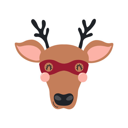 Cute funny deer superhero face in mask cartoon character illustration. Hand drawn Scandinavian style flat design, isolated vector. Kids print element, cool, brave animal, comic book super heroのイラスト素材