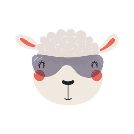 Cute funny sheep superhero face in mask cartoon character illustration. Hand drawn Scandinavian style flat design, isolated vector. Kids print element, cool, brave animal, comic book super heroのイラスト素材