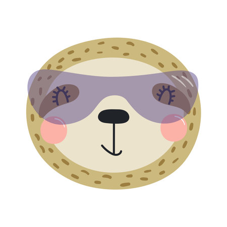 Cute funny sloth superhero face in mask cartoon character illustration. Hand drawn Scandinavian style flat design, isolated vector. Kids print element, cool, brave animal, comic book super heroのイラスト素材