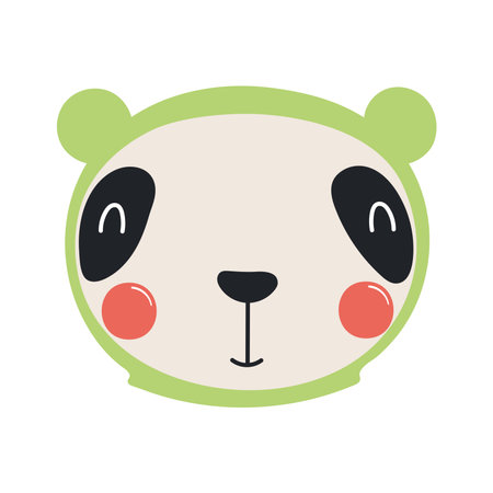 Cute funny panda superhero face in mask cartoon character illustration. Hand drawn Scandinavian style flat design, isolated vector. Kids print element, cool, brave animal, comic book super heroのイラスト素材