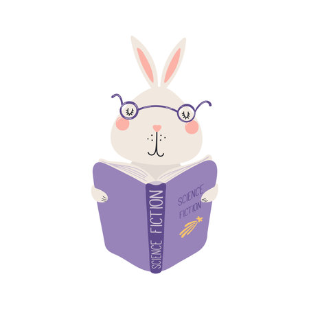 Cute funny rabbit reading book cartoon character illustration. Hand drawn Scandinavian style flat design, isolated vector. Kids print element, book lover, education, literature, library, bookstoreのイラスト素材