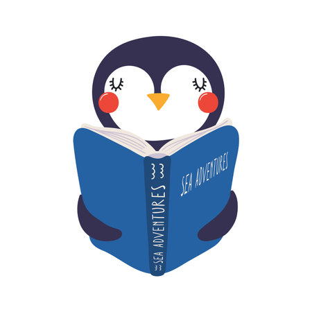 Cute funny penguin reading book cartoon character illustration. Hand drawn Scandinavian style flat design, isolated vector. Kids print element, book lover, education, literature, library, bookstoreのイラスト素材