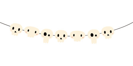 Skulls bunting, garland Halloween party decoration, decor hand drawn illustration. Cartoon style flat design, isolated vector. Kid seasonal print, autumn holiday, trick or treat, costume party elementのイラスト素材