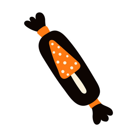 Candy in wrapper with mushroom hand drawn Halloween illustration. Cartoon style flat design, isolated vector. Kids seasonal print element, autumn holiday, trick or treat tradition, sweet foodのイラスト素材