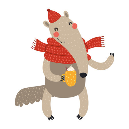 Cute anteater in scarf, hat, holding mug cup character illustration. Hand drawn animal, Scandinavian style flat design, isolated vector. Kids autumn, fall print, element, seasonal activityのイラスト素材