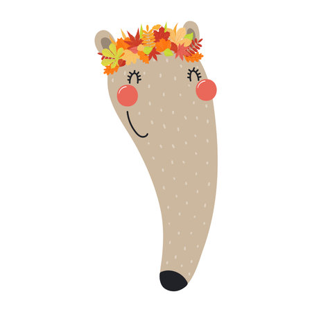 Cute anteater face in autumn leaves crown character illustration. Hand drawn animal, Scandinavian style flat design, isolated vector. Kids autumn, fall print, element, seasonal activityのイラスト素材