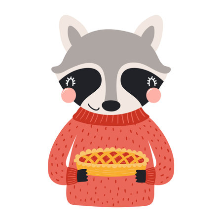 Cute raccoon in sweater holding apple pie character illustration. Hand drawn animal, Scandinavian style flat design, isolated vector. Kids autumn, fall print, element, seasonal activityのイラスト素材