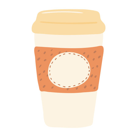 Paper coffee cup with cap hand drawn cartoon illustration. Flat style design, isolated vector. Kids autumn, fall print element, seasonal hot drink, tea, coffee, cocoa, chocolate, beverageのイラスト素材