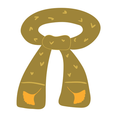 Knitted scarf with ginkgo leaves pint hand drawn cartoon illustration. Flat style design, isolated vector. Kids autumn, fall print element, seasonal warm, cozy clothes, knitting, handicraft, knitwearのイラスト素材