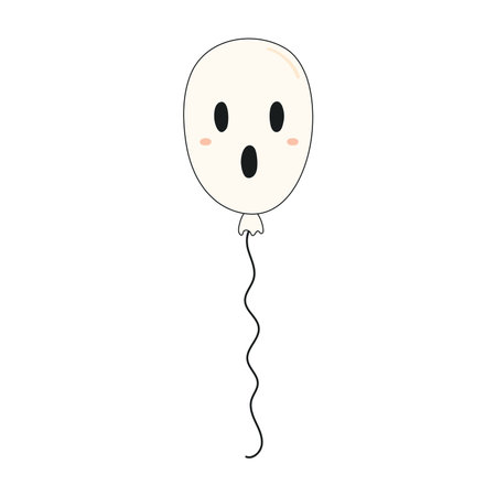 Flying air balloon with spooky face hand drawn Halloween illustration. Cartoon style line art design, isolated vector. Kid seasonal print, autumn holiday, trick or treat, party element, decorationのイラスト素材