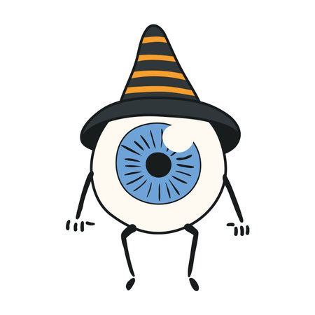 Cute eye monster in witch hat Halloween cartoon character illustration. Hand drawn kawaii style line art design, isolated vector. Kids seasonal print element, trick or treat, autumn holiday partyのイラスト素材