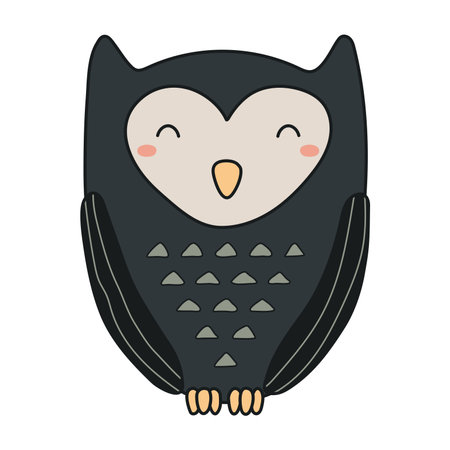 Cute sitting owl Halloween cartoon character illustration. Hand drawn kawaii style line art design, isolated vector. Kids seasonal print element, trick or treat, autumn holiday partyのイラスト素材