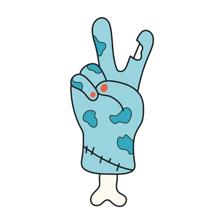 Zombie hand showing V sign Halloween cartoon character illustration. Hand drawn kawaii style line art design, isolated vector. Kids seasonal print element, trick or treat, autumn holiday partyのイラスト素材