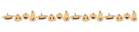 Cute carved pumpkins, jack o lanterns Halloween horizontal border. Hand drawn kawaii cartoon style line art design, isolated vector. Kids seasonal print element, trick or treat, autumn holiday partyのイラスト素材