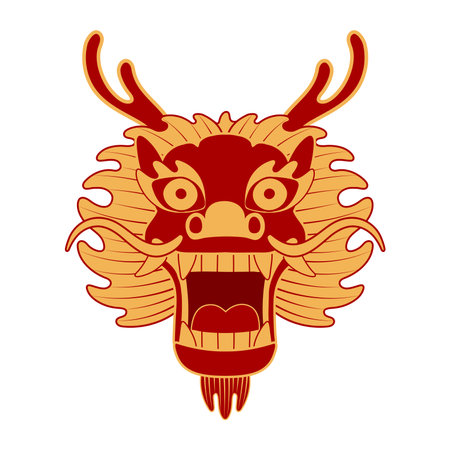 Asian zodiac sign, Chinese dragon face line art character illustration. 2024 Lunar New Year hand drawn vector. Asian style design. Element for traditional holiday card, banner, poster, decorのイラスト素材