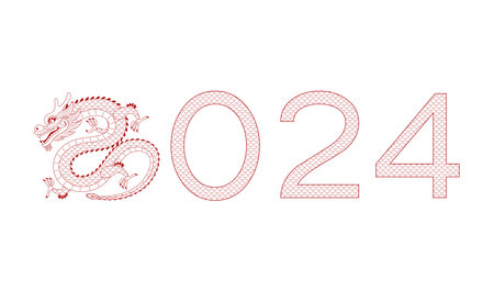 2024 New Year typography with Chinese dragon outline illustration. Asian zodiac sign cartoon character. Hand drawn style vector. Design element for traditional holiday card, banner, poster, decorのイラスト素材