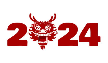 2024 New Year typography with Chinese dragon face illustration. Asian zodiac sign cartoon character. Hand drawn style vector. Design element for traditional holiday card, banner, poster, decorのイラスト素材