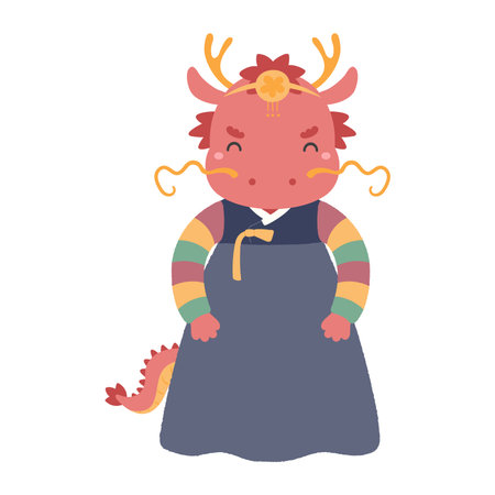 Cute dragon girl in traditional Korean clothes hanbok character illustration. Hand drawn cartoon vector illustration. Flat style design. Seollal holiday card, poster, banner elementのイラスト素材