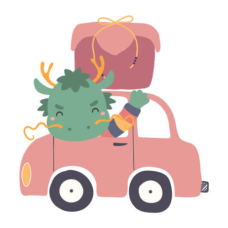 Cute dragon in car delivering traditional Korean holiday gift character illustration. Hand drawn cartoon vector illustration. Flat style design. Seollal holiday card, poster, banner elementのイラスト素材