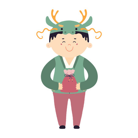 Cute boy in dragon hat, holding traditional Korean gift character illustration. Hand drawn cartoon vector illustration. Flat style design. Seollal holiday card, poster, banner elementのイラスト素材