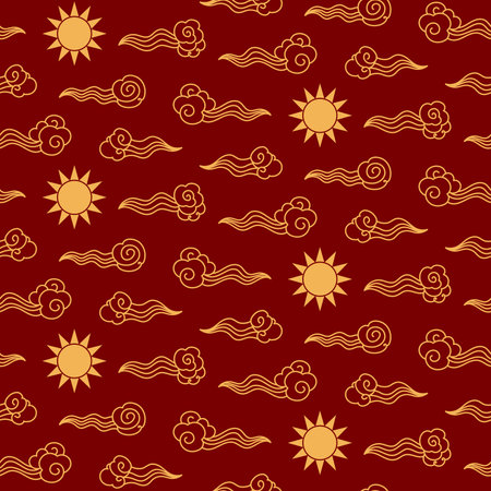Traditional Asian clouds and sun gold seamless pattern on red background. Vector illustration. Line...