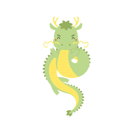 2024 Asian zodiac sign, cute Chinese dragon flat character illustration. Hand drawn vector illustration, isolated on white. Kawaii cartoon style design. Lunar New Year holiday card, banner elementのイラスト素材