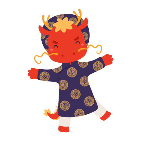 Cute dragon boy in traditional Vietnamese clothes ao dai character illustration. Hand drawn cartoon vector illustration. Flat style design. 2024 New Year zodiac sign, symbol. Tet holiday card elementのイラスト素材