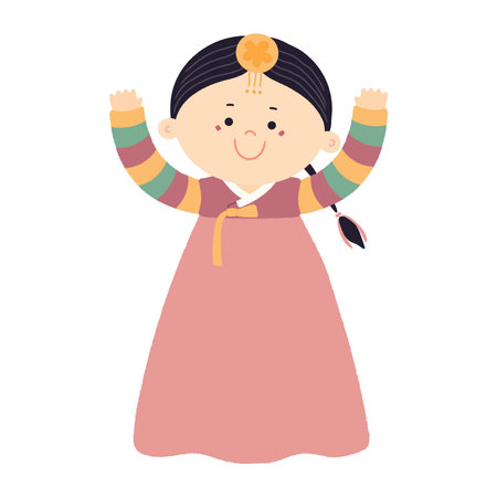 Cute girl in traditional Korean clothes hanbok character, isolated. Hand drawn cartoon vector illustration. Flat style design. New Year Seollal, Chuseok holiday card, poster, banner elementのイラスト素材