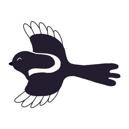 Flying oriental magpie cute character illustration. Hand drawn cartoon vector, isolated. Flat style design. New Year Seollal, Mid Autumn Festival Chuseok holiday card, poster, banner elementのイラスト素材