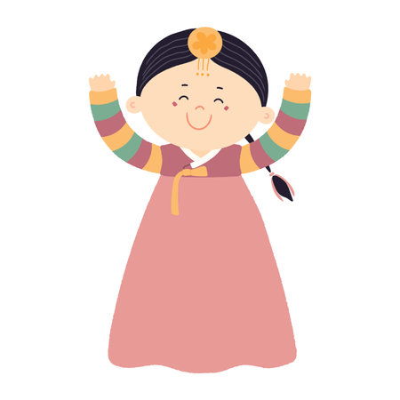 Cute girl in traditional Korean clothes hanbok character, isolated. Hand drawn cartoon vector illustration. Flat style design. New Year Seollal, Chuseok holiday card, poster, banner elementのイラスト素材