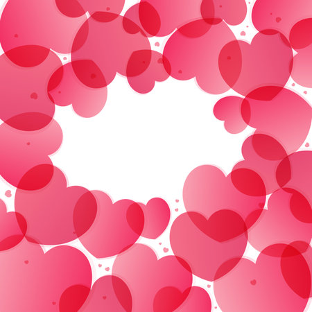 Red, pink hearts frame, border on transparent background, copy space. Flat style vector illustration. Abstract geometric design. Love, romance concept. Valentines day card, poster, banner, promotionのイラスト素材