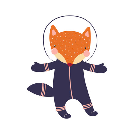 Cute funny fox astronaut in space suit cartoon character illustration. Hand drawn animal, Scandinavian style flat design, isolated vector. Kids print element, space adventure, travel, scienceのイラスト素材