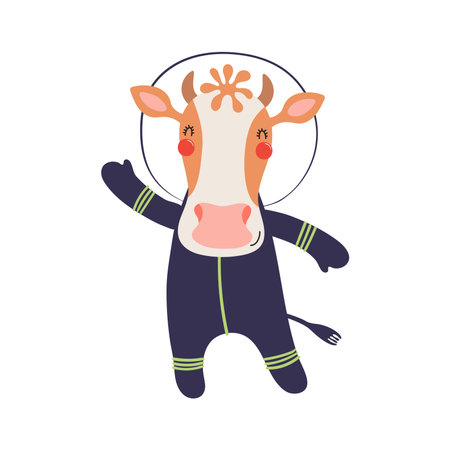 Cute funny cow astronaut in space suit cartoon character illustration. Hand drawn animal, Scandinavian style flat design, isolated vector. Kids print element, space adventure, travel, scienceのイラスト素材