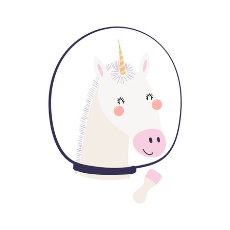 Cute funny unicorn astronaut in space helmet cartoon character illustration. Hand drawn animal, Scandinavian style flat design, isolated vector. Kids print element, space adventure, travel, scienceのイラスト素材
