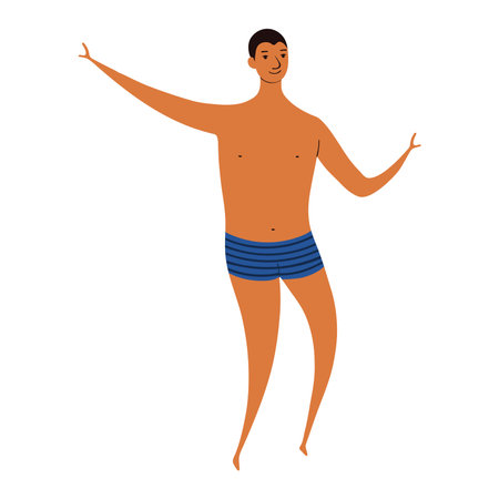 Young man in swimming trunks jumping cute cartoon character illustration. Hand drawn flat style design, isolated vector. Summer holidays, vacations, outdoors, beach activity, pool, seasonal elementのイラスト素材