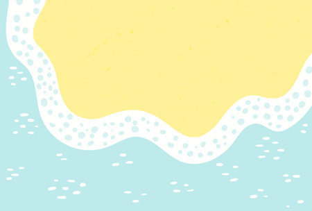 Sandy beach with sea, ocean waves lapping on shore, seaside top view background. Hand drawn flat style design, vector backdrop. Summer print, seasonal element, holidays, vacations, outdoors, beachのイラスト素材