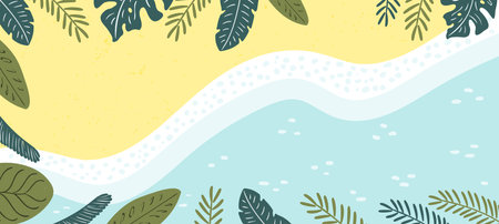 Sandy beach, sea, ocean waves lapping on shore, palm leaves top view background. Hand drawn flat...