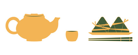 Dragon Boat Festival traditional food zongzi dumplings, teapot, cup line art hand drawn illustration. Holiday clip art, card, banner, poster element. Asian style design, isolated vector.のイラスト素材
