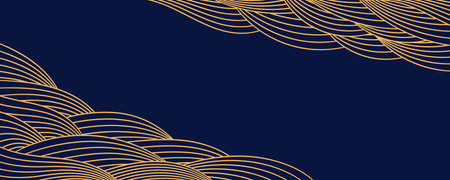 Clouds, waves, curved lines background, frame, border, gold on blue. Vector illustration. Design element, abstract landscape, backdrop, banner. Mid Autumn Festival, Chinese New Year card, posterのイラスト素材
