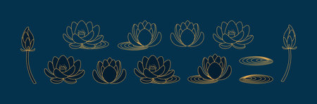 Lotus flowers, blossoms, leaf, bud, floral design elements collection, isolated clip art. Hand drawn line art vector illustration. Mid Autumn Festival, Dragon Boat Festival traditional holiday setのイラスト素材